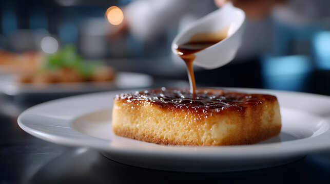 A chef skillfully pouring sauce onto a delicious cake, creating a culinary masterpiece