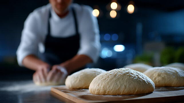 A baker shaping dough in a professional kitchen, featuring focus on multiple loaves