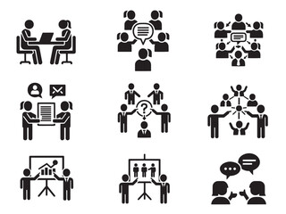 Business presentation and training silhouette set. Corporate seminar, conference speaker, and meeting symbols. Vector office characters.
