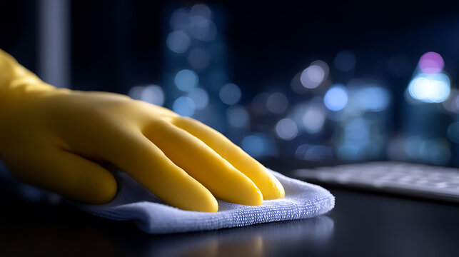 A close-up shot of a hand wearing a yellow glove, cleaning a surface with a cloth, with the cityscape in the background
