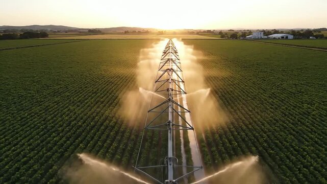 An expansive aerial view captures a modern center pivot irrigation system diligently watering lush green crops in a vast agricultural field during a breathtaking golden hour sunset, highlighting sust.
