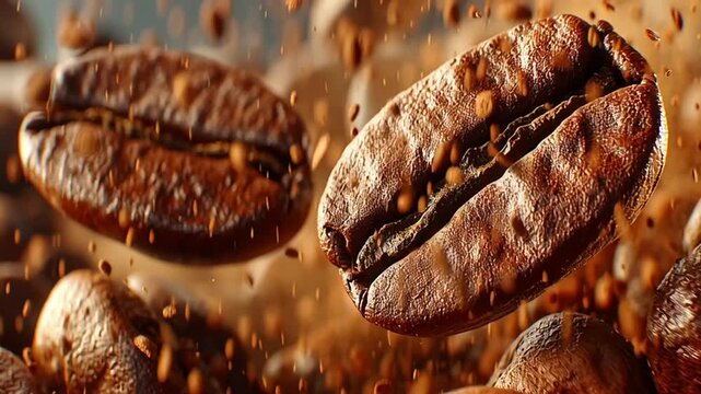 Roasted coffee beans flying through the air in a dynamic video scene with a blurred background