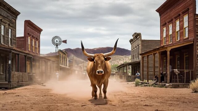 Bull charging through a dusty old western town with storefronts and a windmill in the background