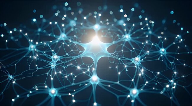 A vibrant digital representation of interconnected neural pathways and glowing brain cells, illustrating complex thought processes and advanced artificial intelligence.