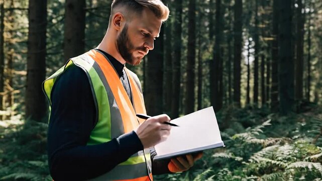 Forestry worker in high visibility vest writing notes in a notebook outdoors in a forest