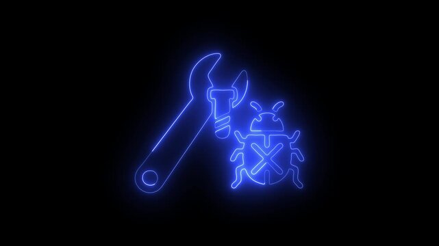 Abstract neon glowing bug fix icon animation on a dark black background