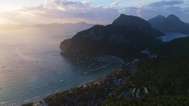 Wide aerial panorama of El Nido, Palawan, during sunset Philippines travel destination 