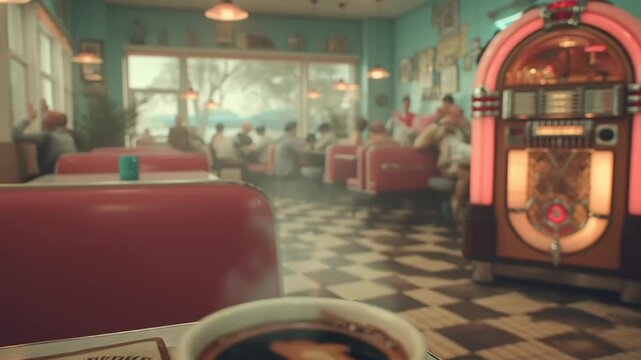A steaming cup of coffee sits on a table in a retro-style diner with a jukebox in the background, surrounded by vintage decor and warm lighting, captured in a video.