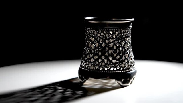 Decorative metal mate cup casting a dramatic perforated shadow