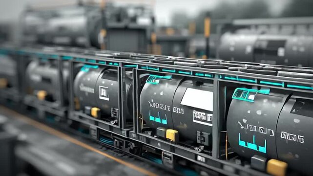 A train of industrial oil tankers transporting fuel on a railway track in a gloomy atmosphere
