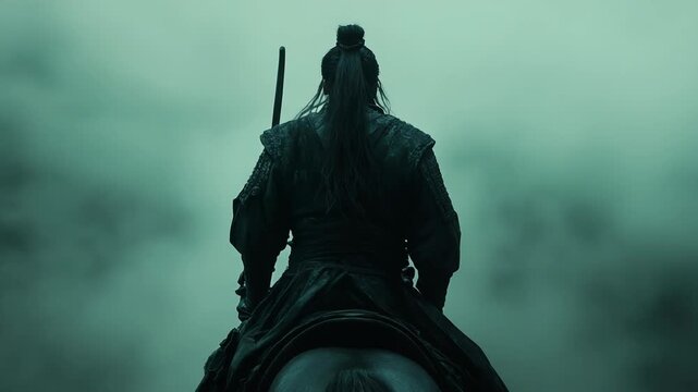 Asian knight rides strong horse across misty landscape creating heroic dramatic ancient atmosphere
