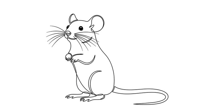 A cute and minimalist small mouse is standing up on its hind legs in a simple black outline drawing, isolated on a clean white background, rendered in a hand-drawn sketch style.