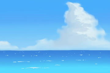 Obraz premium Summer sea and cumulus clouds hand-drawn illustration / 夏の海と入道雲の手描きイラスト