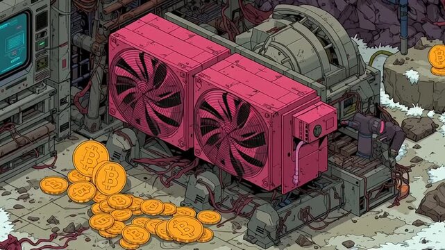 A video game scene depicting a pink computer server with gold coins in a dark, industrial setting.