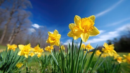 Bright Yellow Daffodils Blooming in a Lush Green Field Under a Clear Blue Sky on a Warm Spring Day