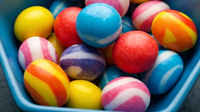 Colorful Candy Gumballs in a Blue Hexagonal Bowl on a Dark Background.