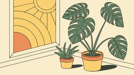 Illustration of potted plants by a sunny window with a vibrant yellow and orange sun design