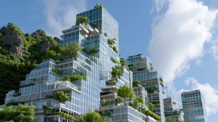 Fototapeta premium Modern eco-friendly architecture with greenery in residential high-rise buildings on a beautiful sunny day