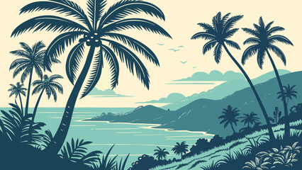 Fototapeta premium Tropical island landscape with palm trees and ocean view at sunset