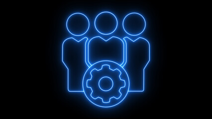 A blue neon outline of three stylized figures stands behind a cogwheel symbol on a black background, representing teamwork, collaboration, and mechanical process with a futuristic glow. © Moynul Haque
