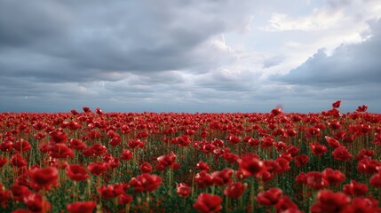Vibrant Red Poppy Field Under Dramatic Cloudy Sky Capturing the Beauty of Nature in Blooming Landscape