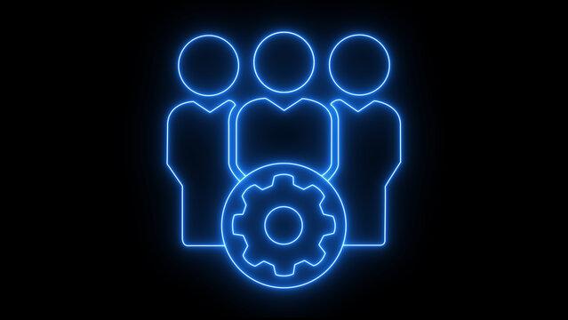 A blue neon outline of three stylized figures stands behind a cogwheel symbol on a black background, representing teamwork, collaboration, and mechanical process with a futuristic glow.