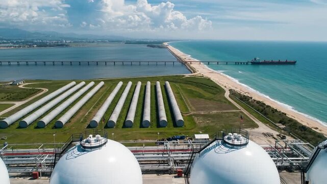 Industrial LNG facility with cryogenic storage tanks and a pier extending into the ocean