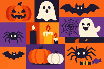 Modern Flat Design Halloween Pattern Collage with Cute Ghosts, Pumpkins, Bats, Spiders, and Candles.