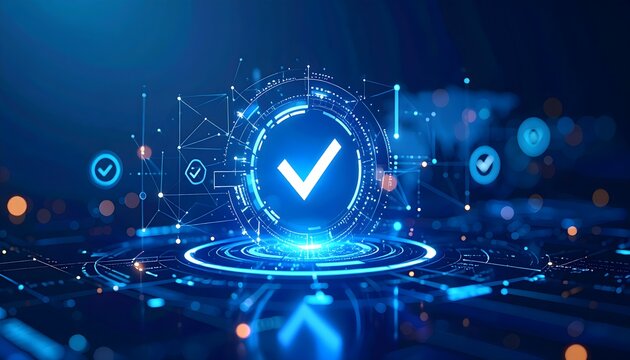 Digital approval workflow with checkmark confirmation, corporate process concept