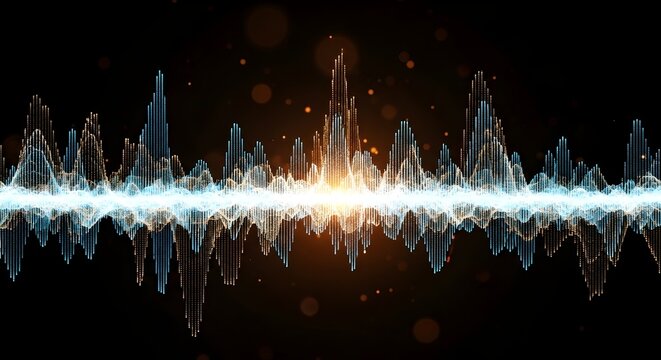 Energy particle waves and digital signal processing: The image of a symmetrical data stream with vibrant blue and orange-yellow hues against a black background symbolizes the intersection of technolog