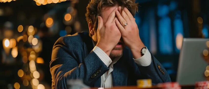 A stressed-out businessman loses money while playing roulette online on his laptop.