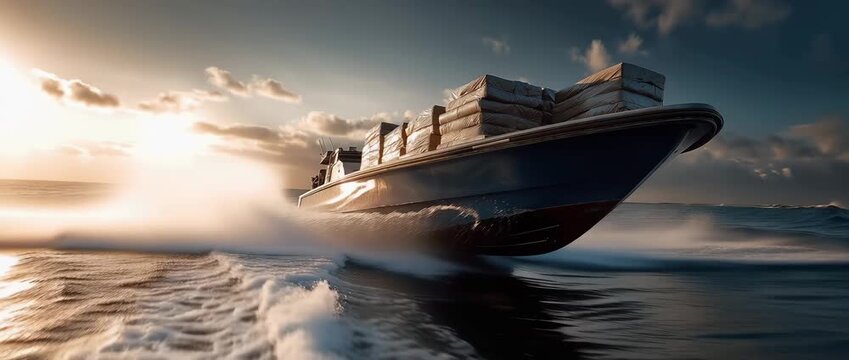 Large wrapped bundles being transported by speedboat across international seas, the idea of drug trafficking, drugs smuggling, maritime security, and law enforcement