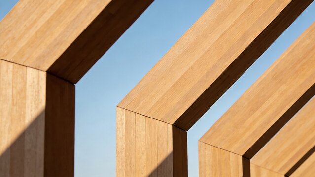 Contemporary wooden architectural beams with strong perspective,modern construction detail,structural design geometry,real estate development concept and minimalist architecture background