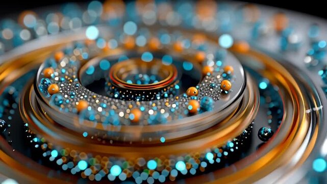 A mesmerizing video of a spiral pattern made of blue and orange beads on a glass surface with a dark background