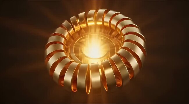 A glowing golden toroidal object with segmented metallic rings radiating bright light from its core against a dark background.