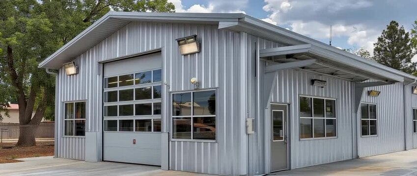 A contemporary light gray corrugated metal structure with windows and an overhead entrance on a paved area, encircled by verdant trees