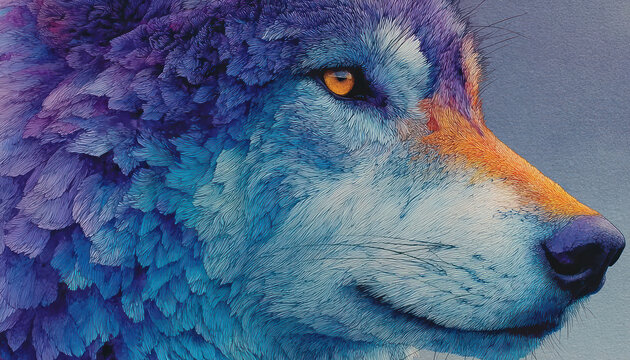 An artistic portrait of a wolf in a rich, original color palette.  