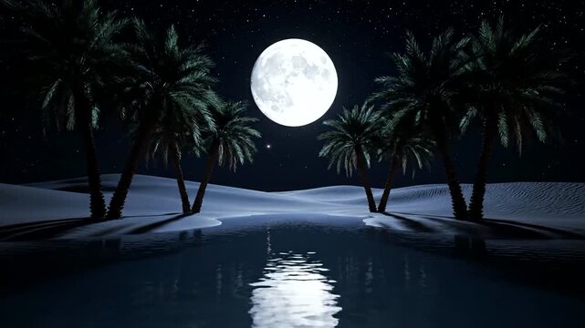 A serene desert landscape at night with palm trees surrounding a calm water body under a full moon and starry sky 