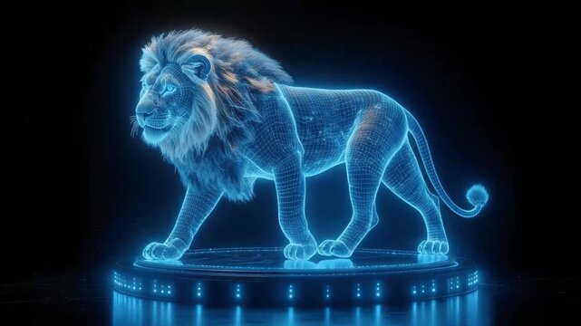 A futuristic holographic projection of a majestic lion standing on a glowing blue platform against a dark background.
