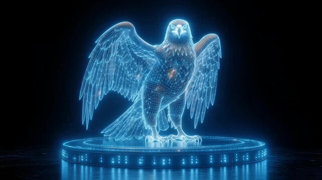 A glowing blue holographic eagle stands majestically on a futuristic pedestal against a dark background.