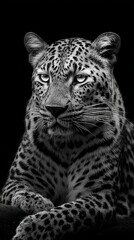 Fototapeta premium Wild leopard rests on a solid black background with sharp focus and detailed fur showcasing an intense gaze