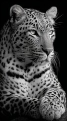 Obraz premium Black and white portrait of a leopard resting in sharp focus with detailed fur and a strong gaze against solid black background