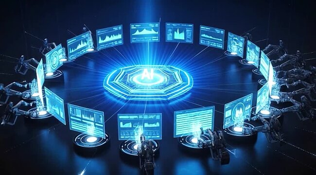 AI Orchestrator Managing Multiple System Central AI core controlling connected modules.