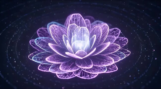 A vibrant, glowing purple and blue lotus flower with ethereal petals, surrounded by cosmic rings and sparkling particles, symbolizing spirituality and enlightenment.
