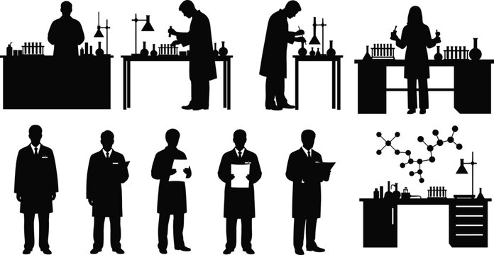 Scientists and researchers silhouettes working in laboratory, chemistry and science experiment scenes with lab equipment, molecular structure icons, research team isolated on white background