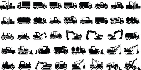 Large Black Silhouette Icon Set Featuring Construction Vehicles Heavy Machinery Excavators Bulldozers Trucks Cranes Forklifts and Industrial Equipment for Logistics Engineering and Building Projects © Azufa