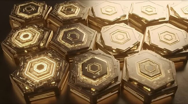 A cluster of glowing golden hexagonal boxes with intricate patterns, arranged closely together.