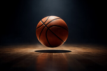 Obraz premium Floating basketball under dramatic spotlight on wooden court