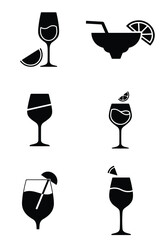 Vector silhouette icon set of cocktail glasses and summer drinks with fruit garnishes.
