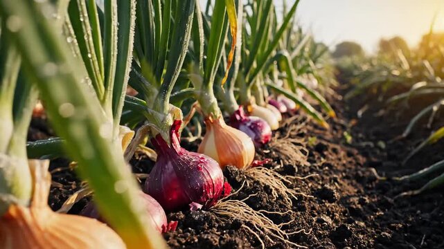 Close-up of ripe onions growing in a field at sunrise, organic farming concept